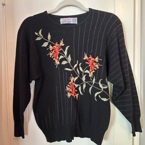 Divine vintage Scottish black cashmere crew neck sweater with floral pattern